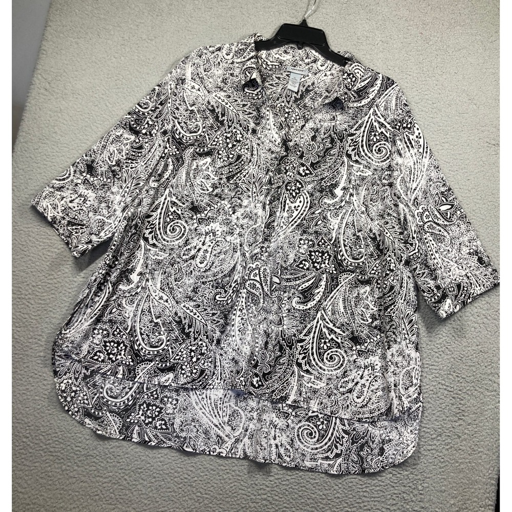 Catherines Top Womens 3X Black White Paisley Popover 3/4 Sleeve Button Tunic